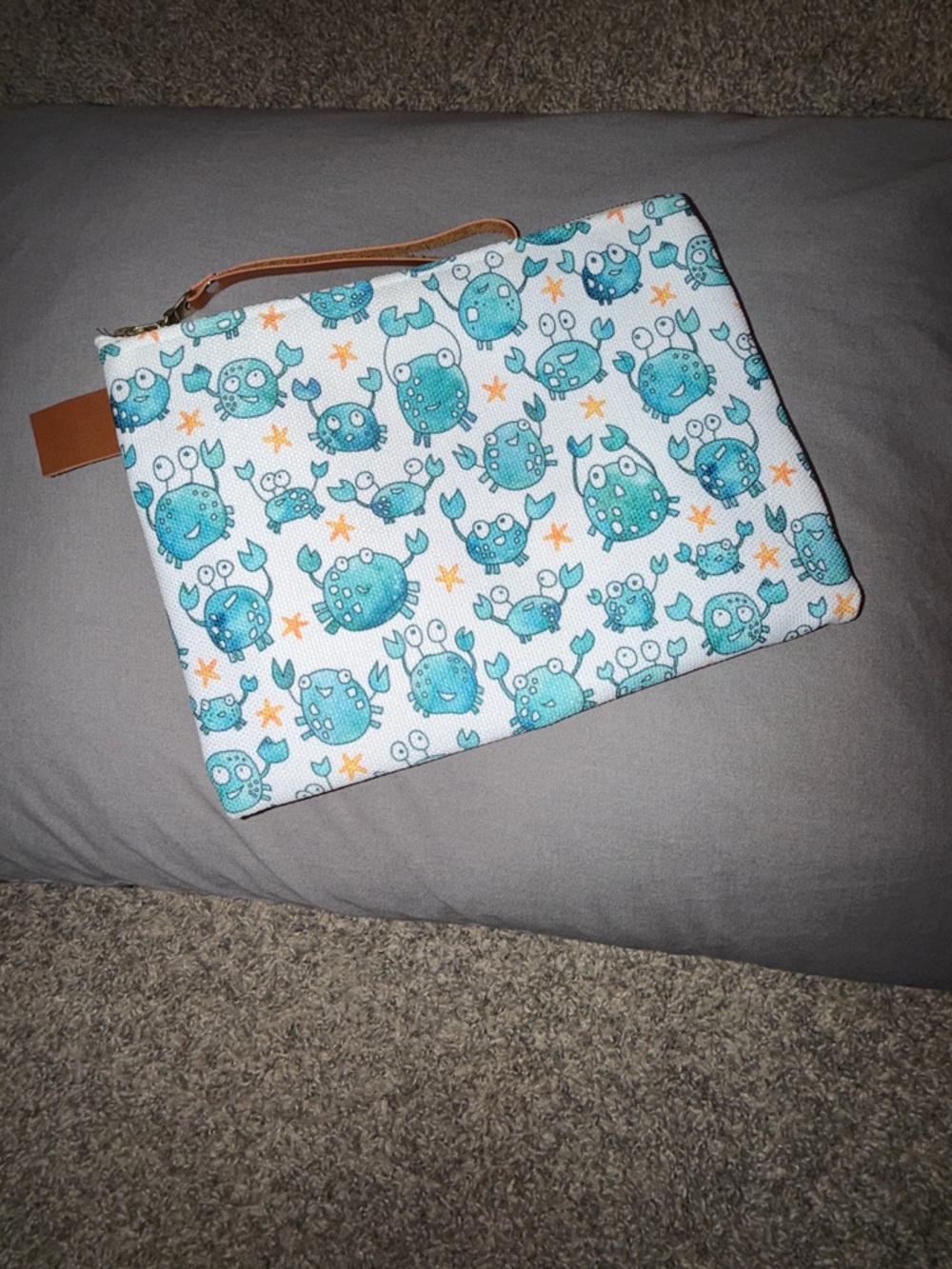 Crab Print Canvas Pouch - Teal & White
